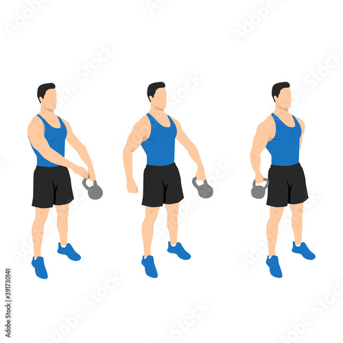 Kettlebell around the worlds exercise. Flat vector illustration isolated on white background. workout character set