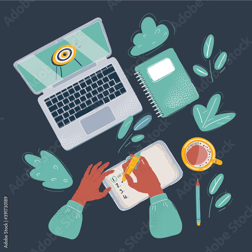 Vector illustration of Schedule Planner Task Checklist on office working desk. Concept on dark backround.