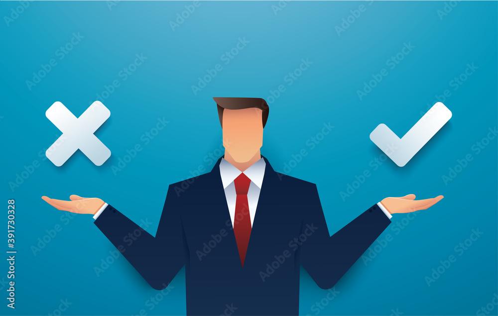 Businessman decision between right and wrong. Making choice. True or false. vector illustration Businessman decision between right and wrong. Making choice. True or false. vector illustration