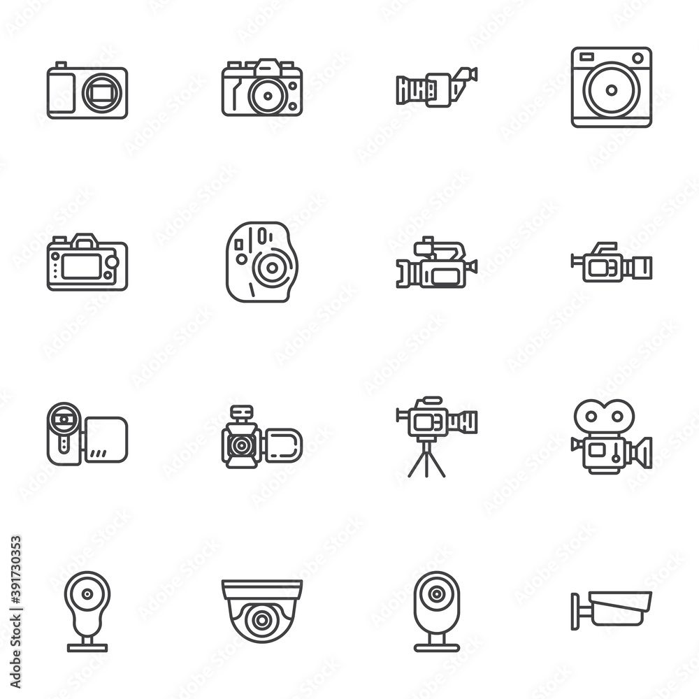Photo and video line icons set, outline vector symbol collection, linear style pictogram pack. Signs, logo illustration. Set includes icons as professional photo camera, video camcorder, webcam Photo and video line icons set, outline vector symbol collection, linear style pictogram pack. Signs, logo illustration. Set includes icons as professional photo camera, video camcorder, webcam