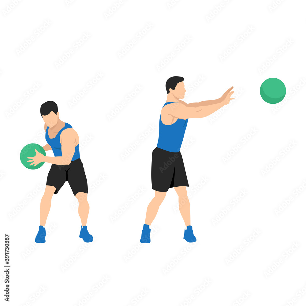 Side lateral medicine ball throw. Slam exercise. Flat vector illustration  isolated on white background. workout character set Stock Vector | Adobe  Stock