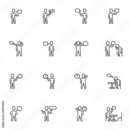 Talking people line icons set, outline vector symbol collection, linear style pictogram pack. Signs logo illustration. Set includes icons as conversation, communication, people dialogue, speech bubble