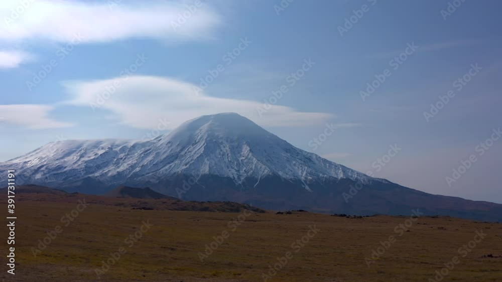 Autumn landscapes of central Kamchatka. Aerial view of Plosky Tolbachik Volcano. Amazing nature of Kamchatka. Travel to the Kamchatka Peninsula. Autumn landscapes of central Kamchatka. Aerial view of Plosky Tolbachik Volcano. Amazing nature of Kamchatka. Travel to the Kamchatka Peninsula.