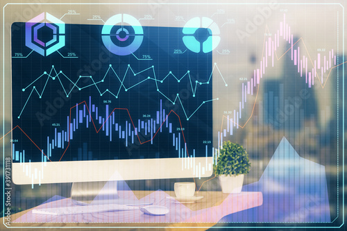 Double exposure of chart and financial info and work space with computer background. Concept of international online trading.