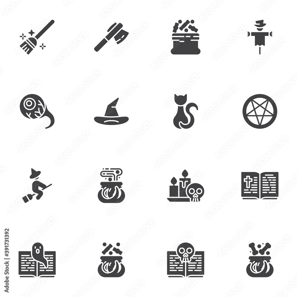 Halloween vector icons set, modern solid symbol collection, filled style pictogram pack. Signs, logo illustration. Set includes icons as witch broom, magic potion, wizard hat, spell book, black cat