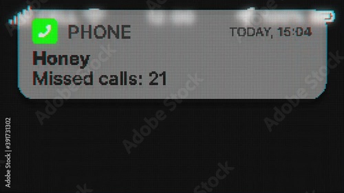 Push Notification Honey missed calls appear on old display. Pixeled text animation with phone hud. 4k 60 fps.