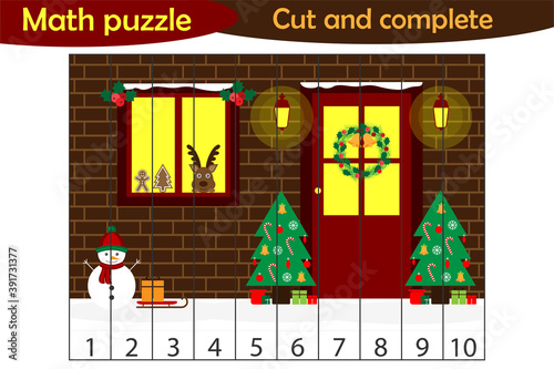 Math puzzle, xmas picture with christmass door cartoon, education game for development of preschool children, use scissors, cut parts of the image and complete the picture, vector illustration