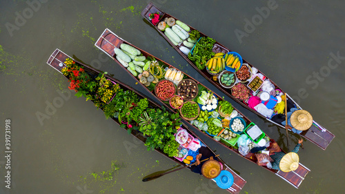Photography Aerial view famous floating market in Thailand, Damnoen Saduak floating market,