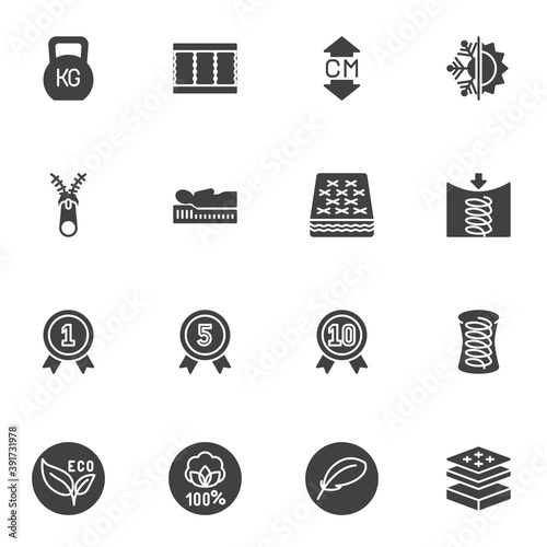 Orthopedic mattress vector icons set, modern solid symbol collection, filled style pictogram pack. Signs, logo illustration. Set includes icons as eco material, correct sleep, warranty
