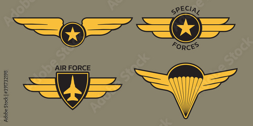 Military badge, army patch and insignia set with wings. Air and airforce emblems with eagle, star and plane. Vector illustration.