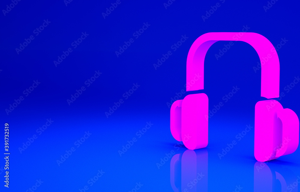 Pink Winter headphones icon isolated on blue background. Earmuffs sign. Minimalism concept. 3d illustration 3D render. Pink Winter headphones icon isolated on blue background. Earmuffs sign. Minimalism concept. 3d illustration 3D render.