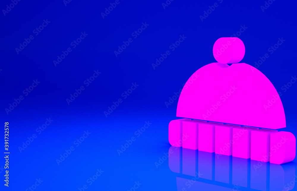 Pink Winter hat icon isolated on blue background. Minimalism concept. 3d illustration 3D render. Pink Winter hat icon isolated on blue background. Minimalism concept. 3d illustration 3D render.