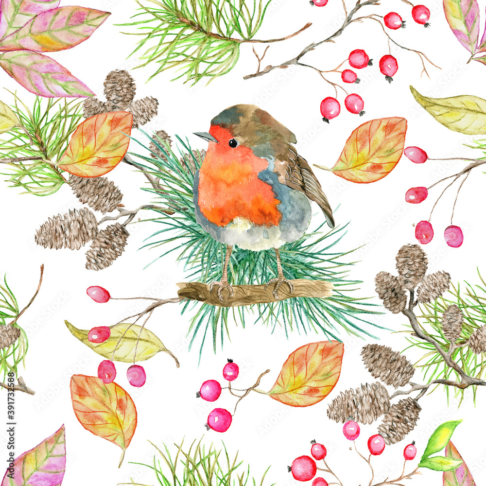 Christmas and New Year seamless pattern with winter bird, cone, berry and conifer on white background.