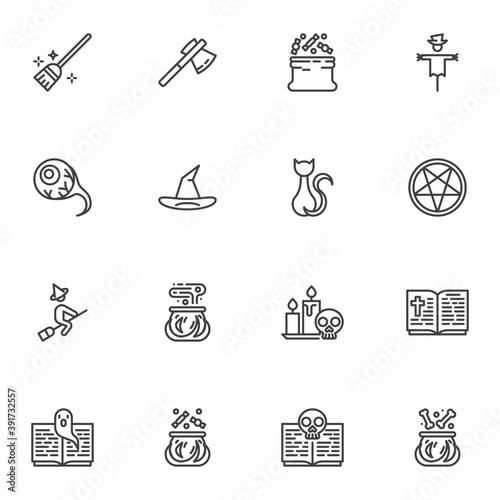 Halloween line icons set, outline vector symbol collection, linear style pictogram pack. Signs, logo illustration. Set includes icons as witch broom, magic potion, wizard hat, spell book, black cat