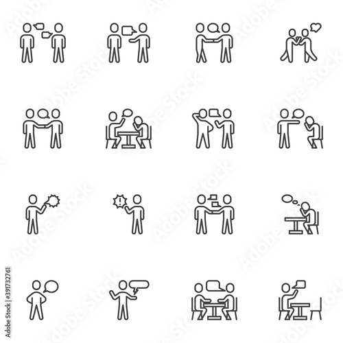 Business communication line icons set, outline vector symbol collection, linear style pictogram pack. Signs, logo illustration. Set includes icons as talking people, job interview, partnership, friend