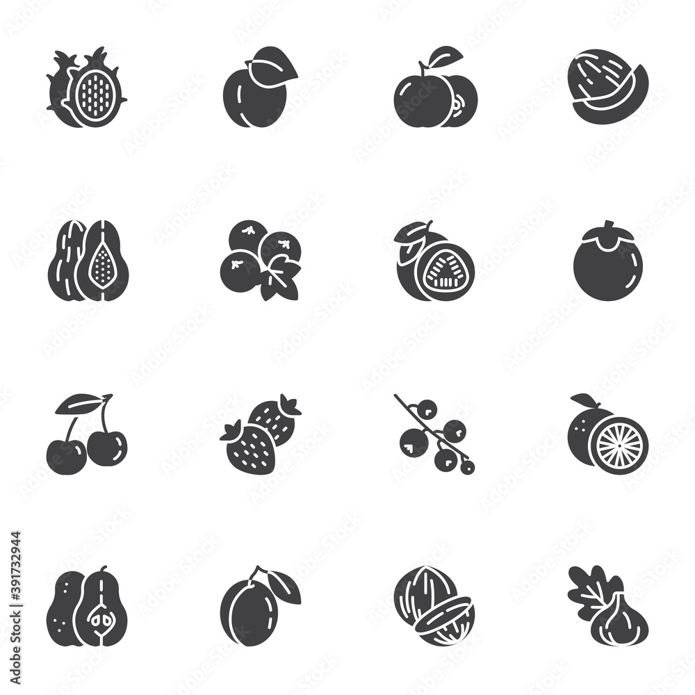 Healthy fruit vector icons set, modern solid symbol collection, filled style pictogram pack. Signs, logo illustration. Set includes icons as dragon fruit, melon, avocado, strawberry, cherry, orange Healthy fruit vector icons set, modern solid symbol collection, filled style pictogram pack. Signs, logo illustration. Set includes icons as dragon fruit, melon, avocado, strawberry, cherry, orange