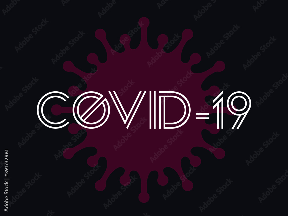 Covid-19 Coronavirus concept inscription bold typography design logo.Vector icon of virus isolated on dark background.Pandemic, epidemic campaign.Circular cell shape illustration.