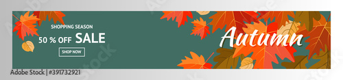 Autumn sale. Promotion banner 50%. Autumn discount. Vector of falling leaves. For store brochure, web banner, flyer .