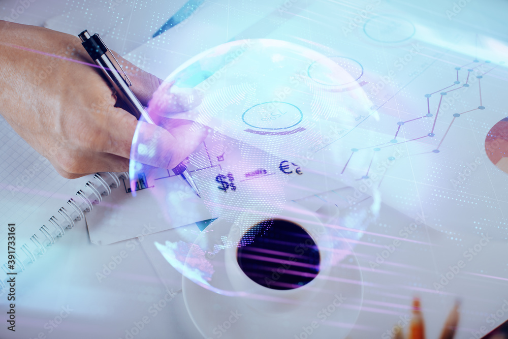 Close up of human hands and abstract innovative technologies for industries. Double exposure.