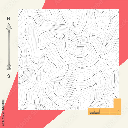 Topographic line map, topography pattern map. Contour vector illustration