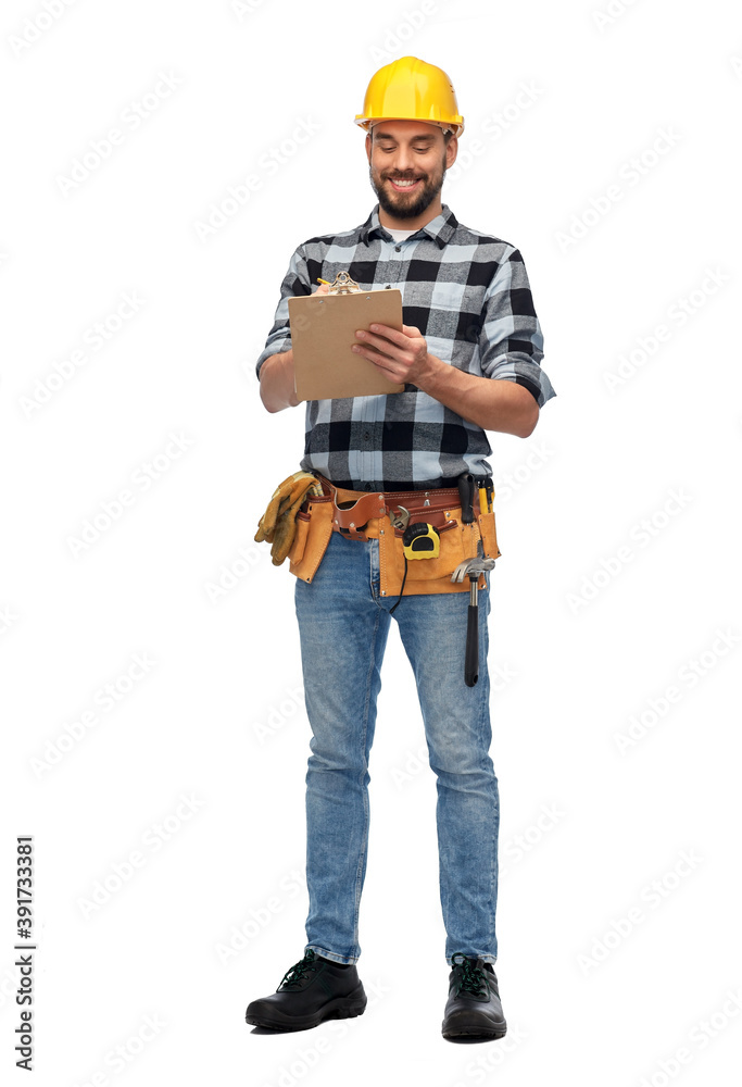 profession, construction and building - happy smiling male worker or builder in helmet with clipboard over white background