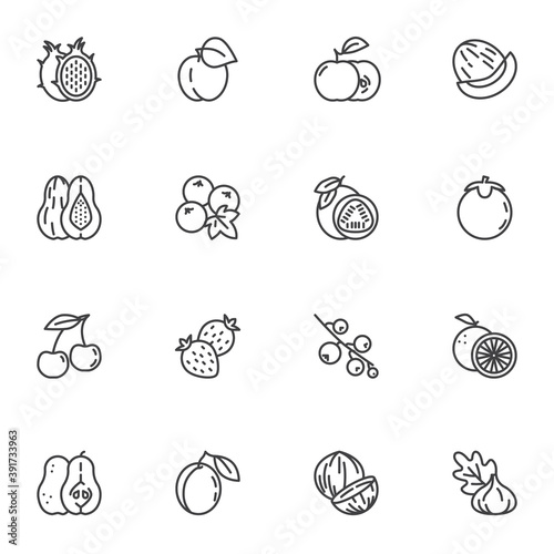 Healthy fruit line icons set, outline vector symbol collection, linear style pictogram pack. Signs, logo illustration. Set includes icons as dragon fruit, melon, avocado, strawberry, cherry, orange