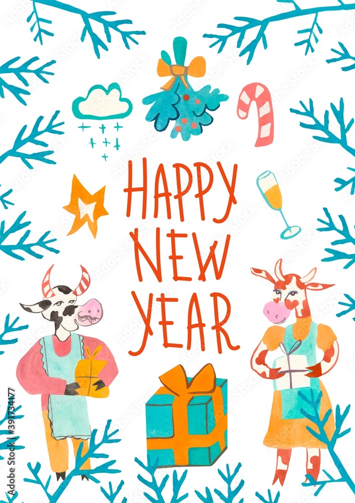 Watercolor card with Christmas bulls with bells, candles and stars in blue,orange and red.New Year's greetings on an isolated white background.Design for packaging,social networks,posters,invitations.
