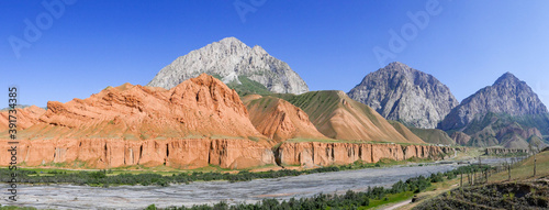 Colorful mountain landscape view in Gulcha river valley in the Alay or Alai range between Sary Tash and Osh, Kyrgyzstan
