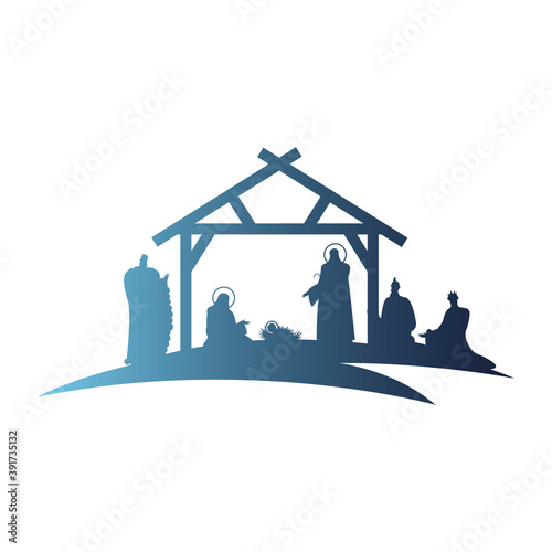 holy family mangers characters in stable blue silhouettes