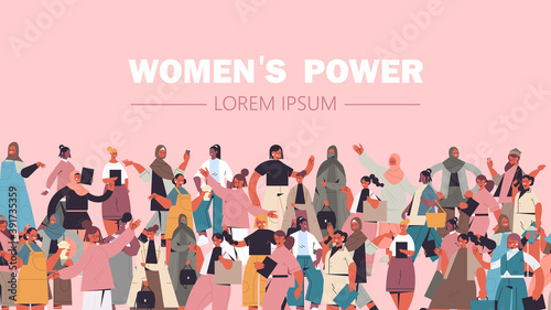 mix race girls of different nationalities and cultures standing together female empowerment movement women's power union of feminists concept horizontal portrait vector illustration