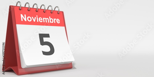 November 5 date written in Spanish on the flip calendar, 3d rendering