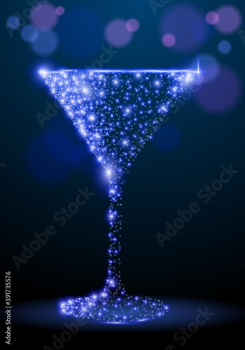 Sparkling particles in shape of martini cup isolated on dark blue backdrop with bokeh light spots