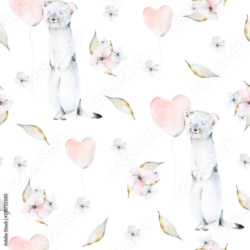 Hand drawing watercolor seamless pattern of cute weasel, ballon of heart, pink flowers, leaves. Iillustration perfect for greeting cards, posters for St Valentine day, birthday, baby shower.