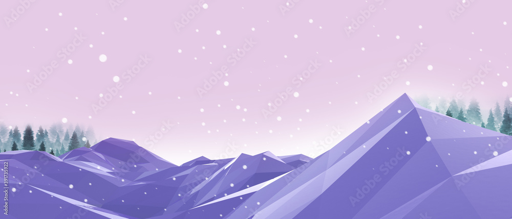 Winter background of snow and Lowpoly Landscape Mountain on purple background with copy space.poster, greeting cards, headers,website  - 3d rendering