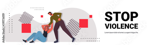 angry husband punching and hitting wife stop domestic violence aggression concept horizontal copy space full length vector illustration