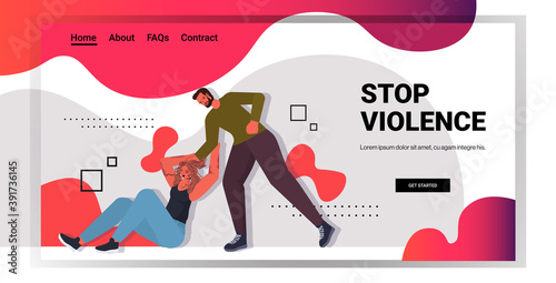 angry husband punching and hitting wife stop domestic violence aggression concept horizontal copy space full length vector illustration