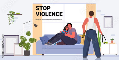 drunk angry husband punching and hitting wife with child stop domestic violence aggression concept living room interior horizontal copy space full length vector illustration