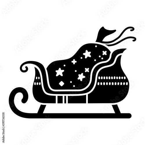 Santa sleigh with gift sack black glyph icon. Negative space. Silhouette on white background. Flat pictogram. Vector isolated illustration. Duotone solid symbol. Pixel perfect