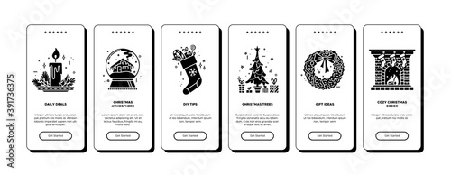 Christmas onboarding app screens with black glyph icons.cChristmas tree, wreath, cozy decor. New year user interface. UX, UI, GUI screen templates for mobile applications. Flat monocolor illustrations