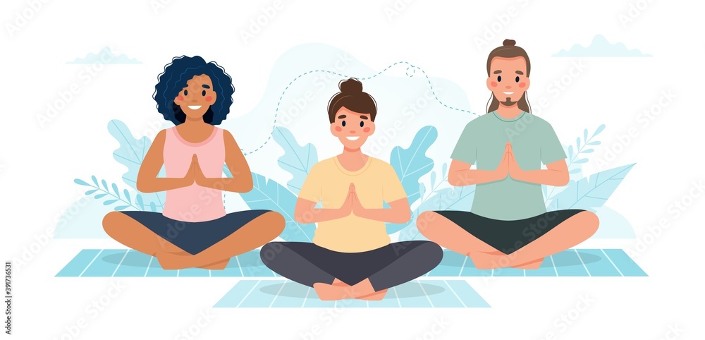 Yoga class. People practicing yoga together. Vector illustration in flat style Yoga class. People practicing yoga together. Vector illustration in flat style