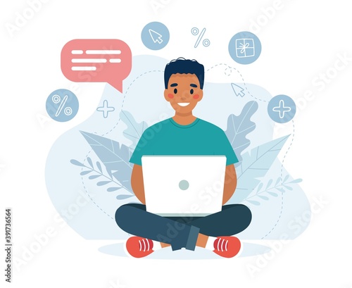 Black man with a laptop working, student or remote work concept