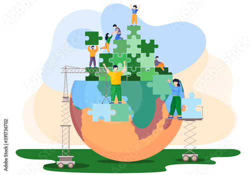 People help each other to puzzle the planet. Save the earth. Nature and environment concept. The guy is holding a piece of green puzzle. A man helps a girl to climb to the top. Lifts near the planet