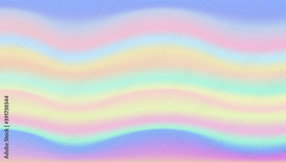 Rainbow wavy background with the modern pastel colors. Fluid holographic backdrop for posters, brochures, textile pattern, gift wrapping, web and desktop wallpaper. Premium vector.