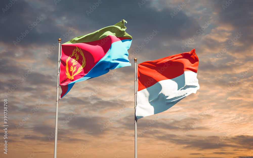 Beautiful national state flags of Indonesia and Eritrea. Beautiful national state flags of Indonesia and Eritrea.