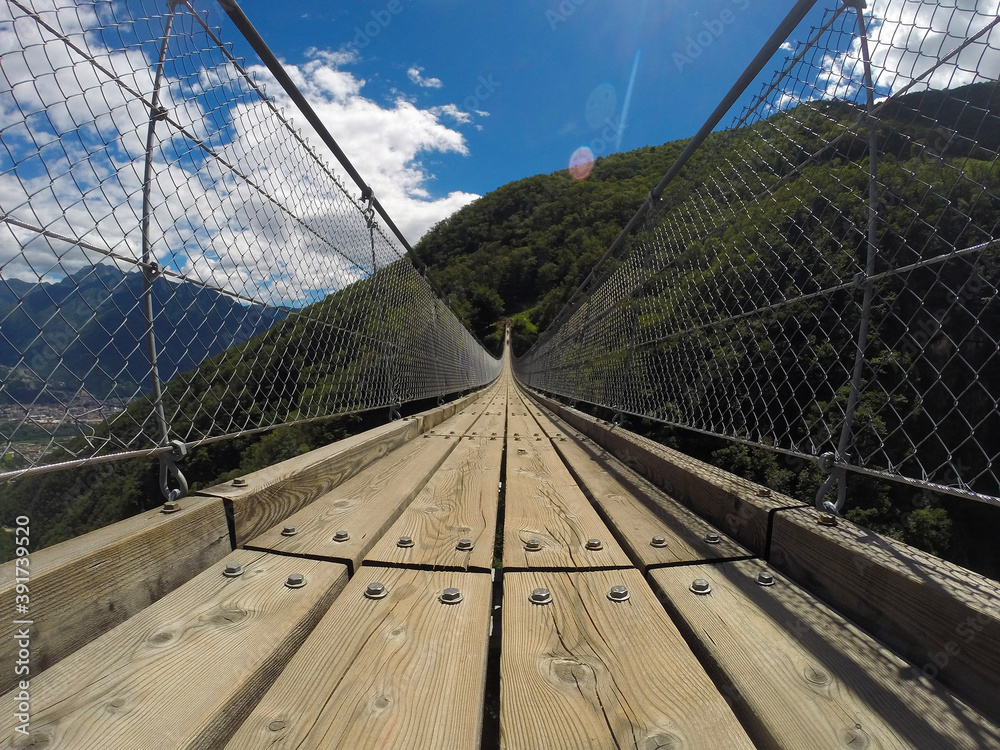The suspended bridge of the Carasso mount in Switzerland