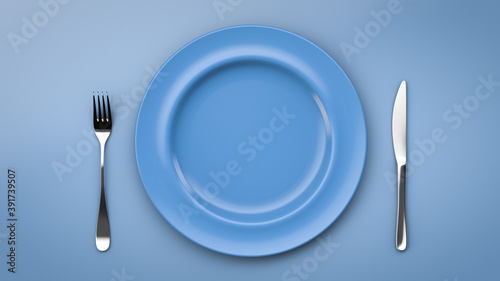 Set of dishes. Blue empty plate and knife with fork. Top view.