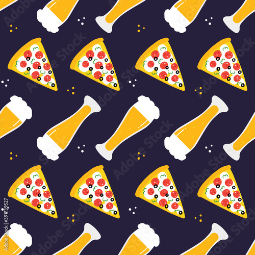 Pizza slices and beer vector colorful seamless pattern background.
