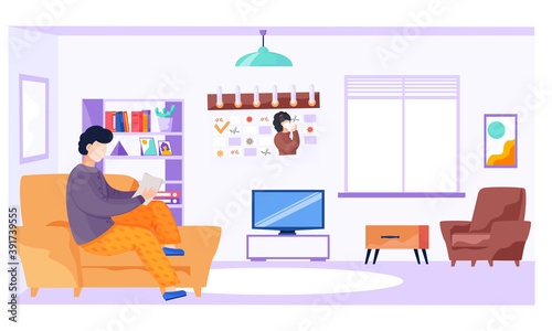 Young man sitting on the armchair and reading a book I stay at home social media campaign for coronavirus prevention. Vector illustration with a chatacter in livingroom. Covid self isolation