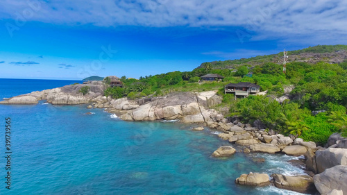 Aerial view of the beautiful coast of La Digue island  Seychelles