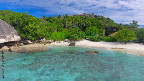 Aerial view of the beautiful coast of La Digue island, Seychelles
